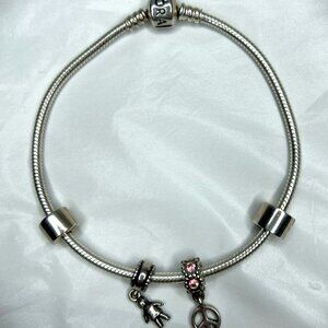 Pandora Sterling Silver 9" Charm Bracelet two Spacers and two charms